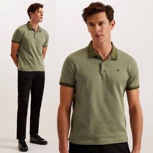 Ted‎ Baker London Slim Fit Helta Stripe Khaki Textured Polo Shirt Mens Size 5 XL